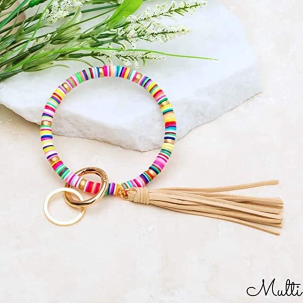 Boho Preppy Gold Beaded Tassel Keychain Bracelet - Picture 3 of 11